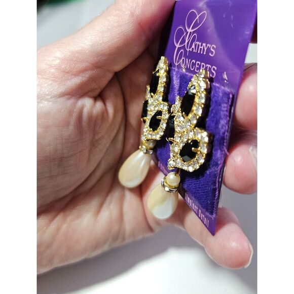 Cathy's Concepts Gold Tone Faux Pearl Black Rhinestone Dangling Earrings - Picture 2 of 9